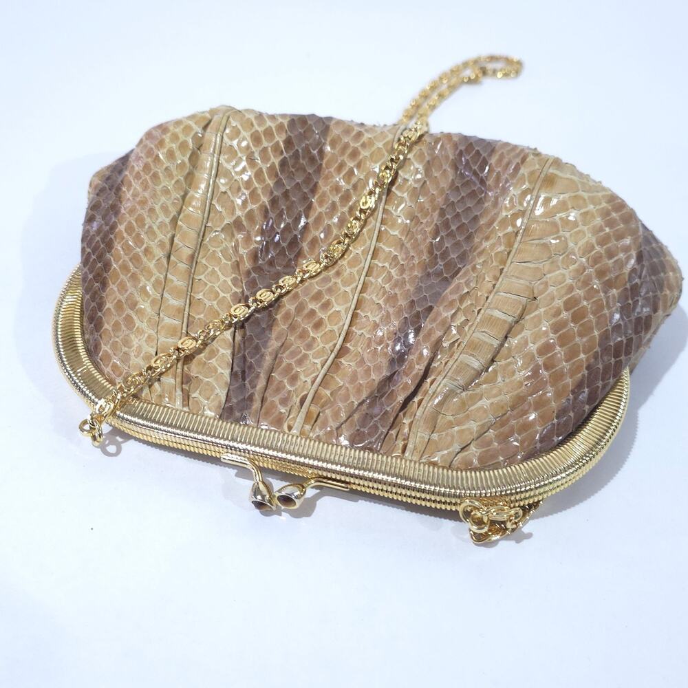 Judith Leiber Python Snakeskin Clutch Gold Frame Chain Strap VTG - Picture 8 of 13